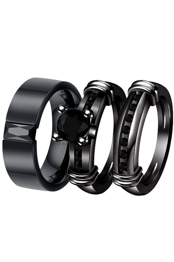 Matching Ring Couple Rings Black Gold Plated 1CT Black CZ Wedding Ring Sets Titanium Male Ring