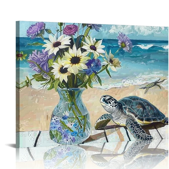 BCIIG Sea Turtle Lavender Daisy Bathroom Decor Wall Art Sea Turtle Flower Shell Beach Ocean Coastal Theme Pictures Wall Decor Canvas Painting Prints Artwork for Bathroom Bedroom 20x16in