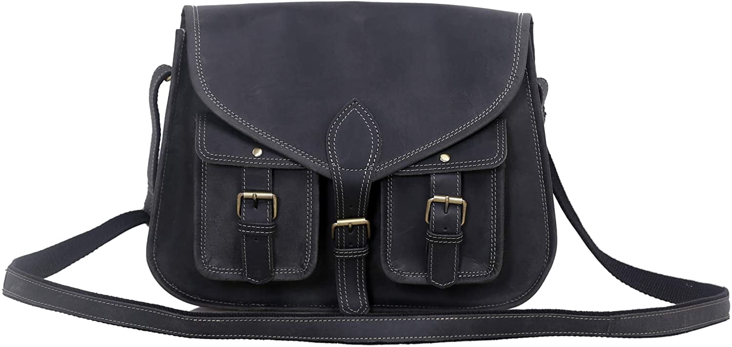 14 Inch Leather Purse Women Shoulder Bag Crossbody Satchel Ladies Tote Travel Purse Genuine Leather (Charcoal Black)