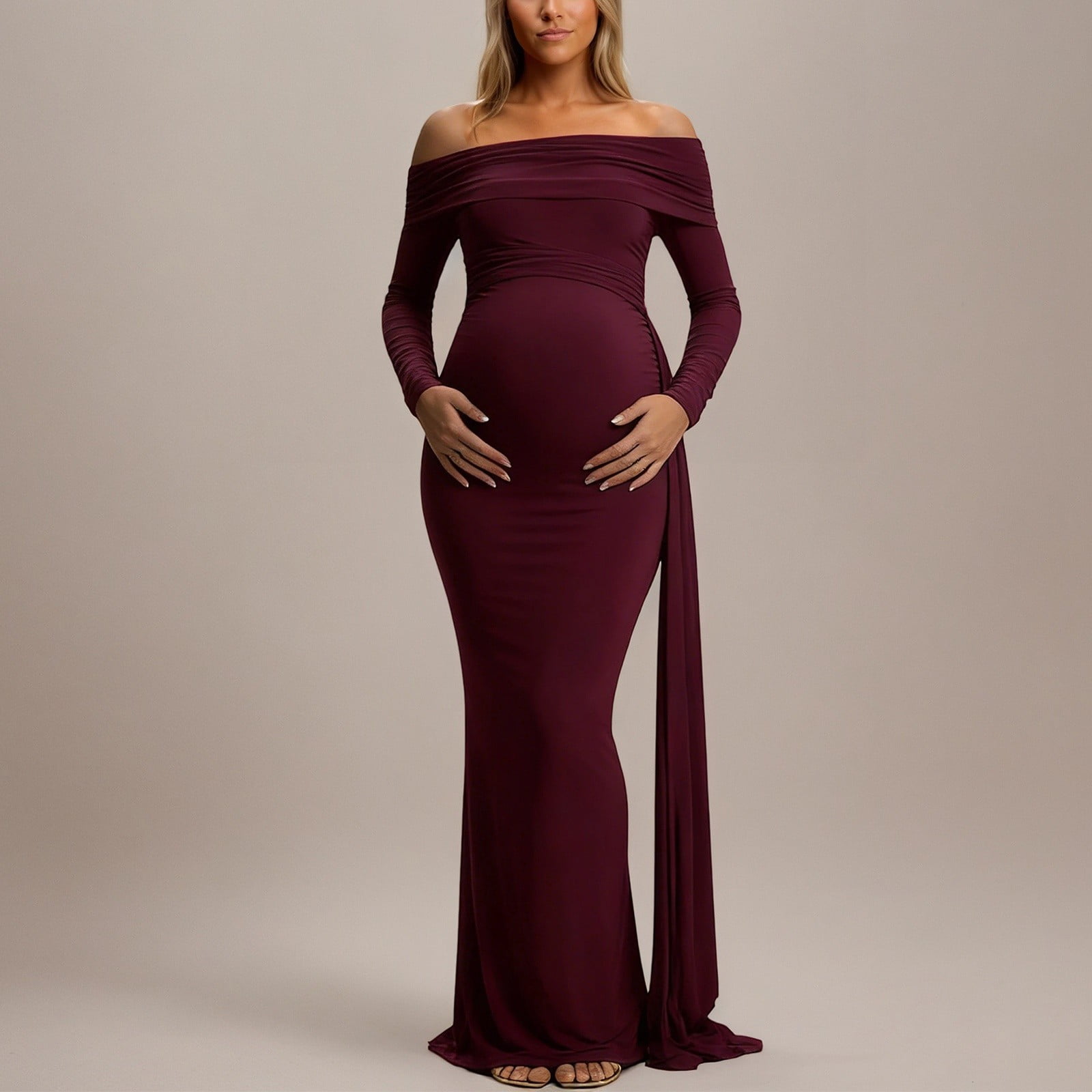 Conairie Maternity Dress for Baby Shower Photoshoot Pregnancy off Shoulder Midi Dress Long Sleeve Elegant Flowy Wedding Dress M