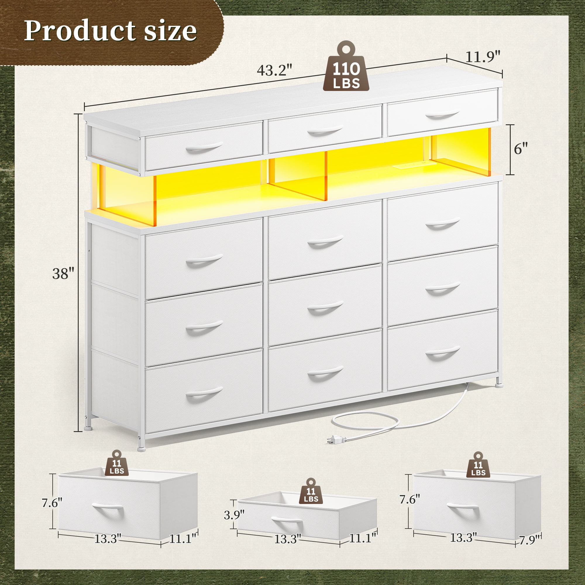 Romorgniz White Dresser for Bedroom with 12 Fabric Drawers Wide Dresser with LED Lights & Charging Station Chest of Drawers with Acrylic Sheet
