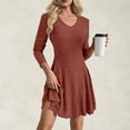thumbnail image 2 of Tumotour Fall Mini Dresses For Women Ribbed Knitted Sweater Dress Solid Color Ruffle A-Line Dress Crew Neck Long Sleeve Pullover Tunic Dress, 2 of 8