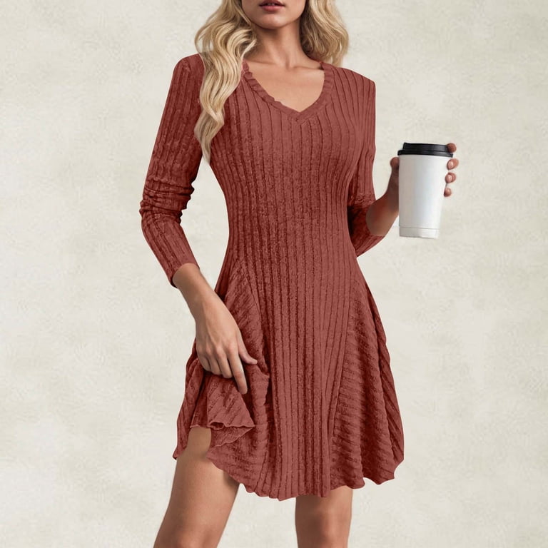 ZQUUVOU Women's Sweater Dress V Neck Long Sleeve Ribbed Knit Dresses  Pleated Swing Skirt Comfortable Casual Burgundy - Walmart.com