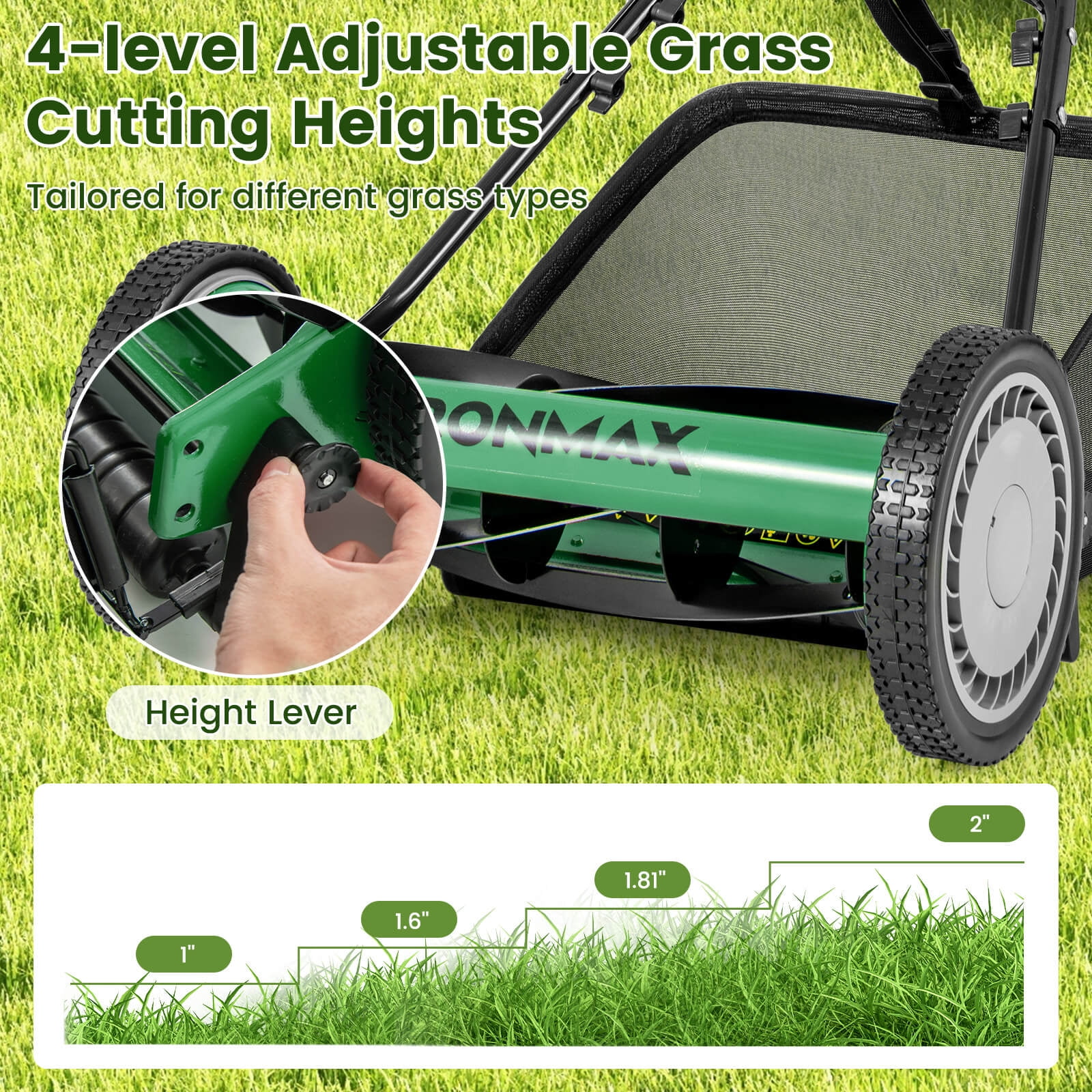 Ironmax 16" Push Lawn Mower with 5-Blade 6.9 Gallon Removable Grass Catcher for Garden Green + Black
