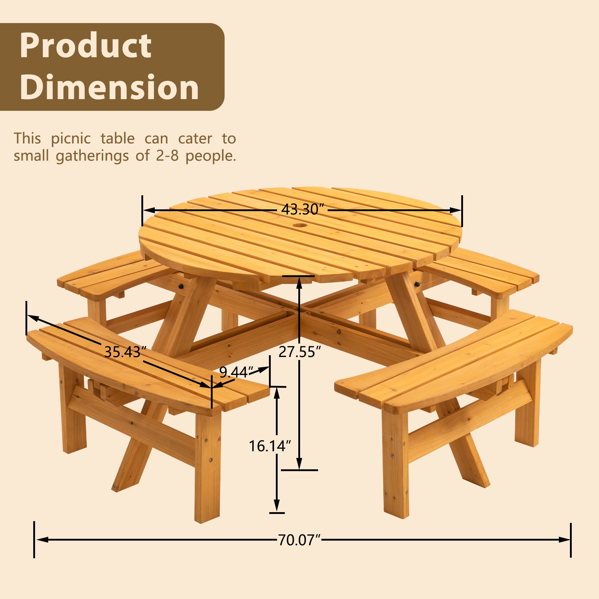 8‑Person Solid Fir Wood Round Picnic Table with 4 Built‑in Curved Benches, Outdoor Patio Dining Table with 2” Umbrella Hole, 2220lb Total Capacity, Natural Finish