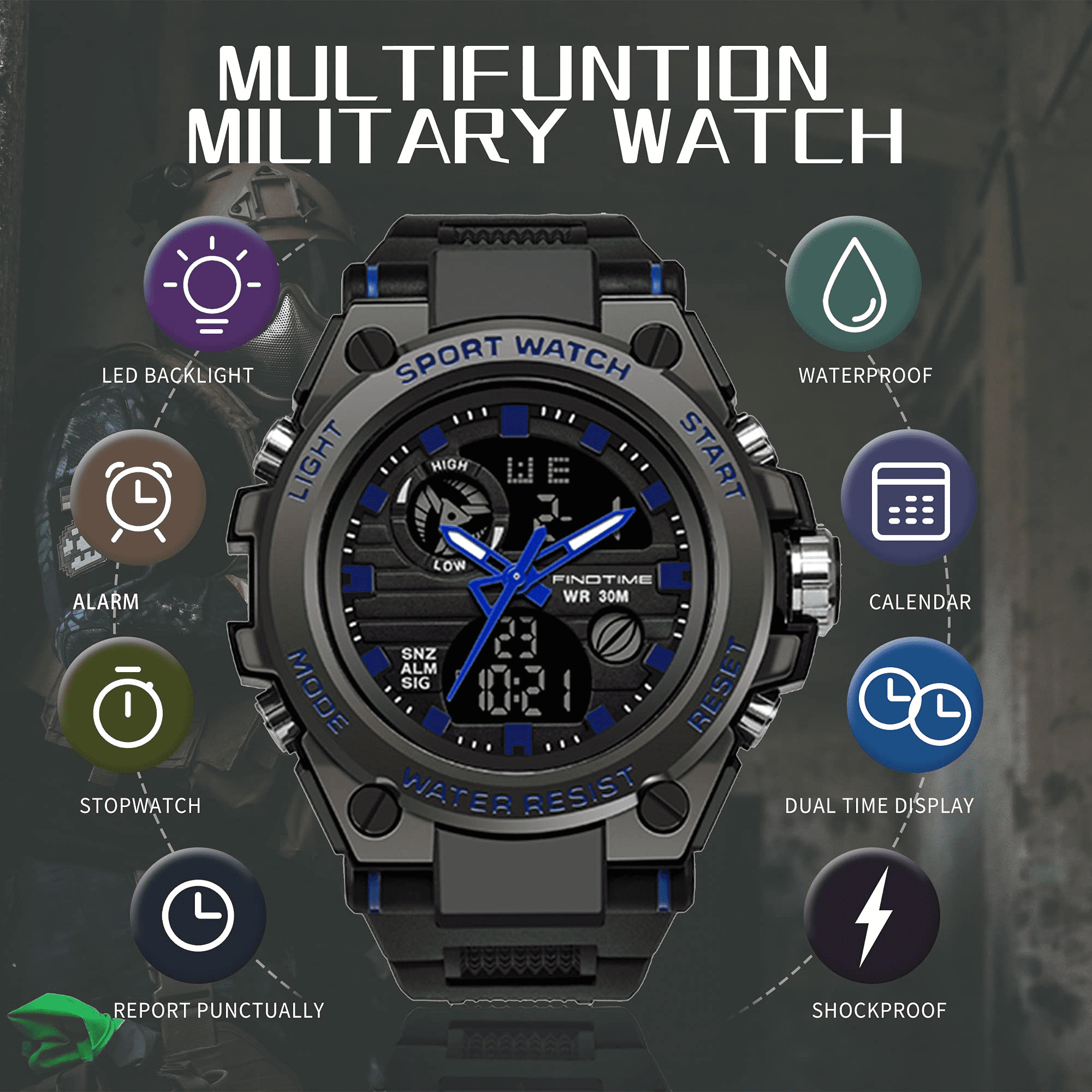 Findtime Men's Military Watch Outdoor Sports Electronic Watch Tactical Army Wristwatch LED Stopwatch Waterproof Digital Analog Watches