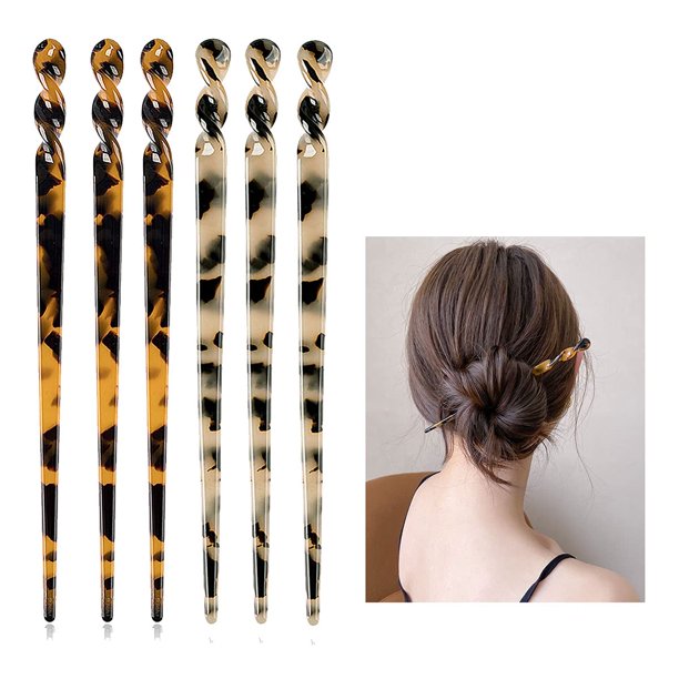 Paquete de 6 palillos para el cabello de acetato, palillos para el cabello con estampado de leopardo, horquillas de concha de tortuga, palillos, pinza para el cabello, juego de accesorios para mujeres