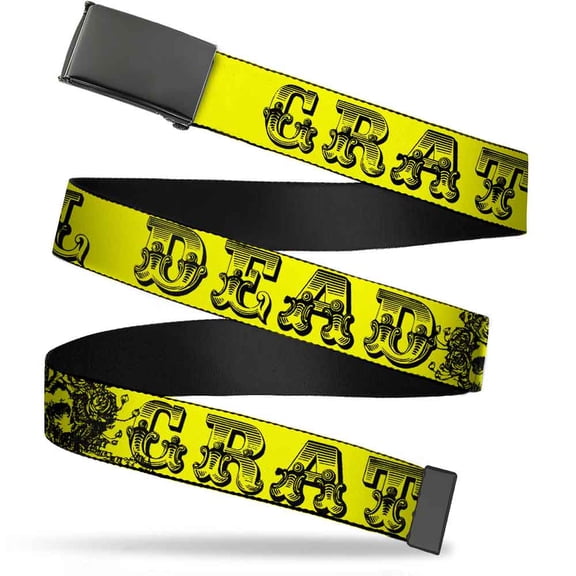 Adjustable Belt, Clamp Buckle, Cut-to-Fit, Grateful Dead Text Skull Roses Yellow