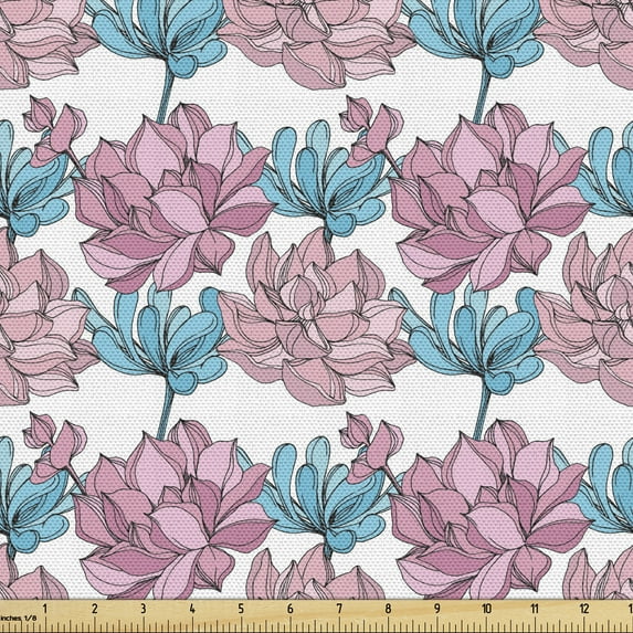 Garden Art Fabric by the Yard, Summer Time Succulents Exotic Flora Plantation Jungle Setting, Decorative Upholstery Fabric for Chairs & Home Accents, Blue Pale Fuchsia by Ambesonne
