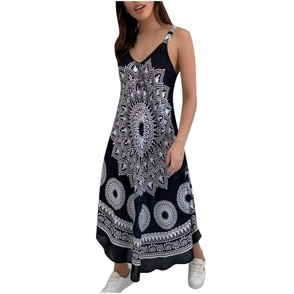 IROINNID Sundress For Women Fashion Casual Totem Printed Sling One-piece Dress V-Neck Full-Length Dress