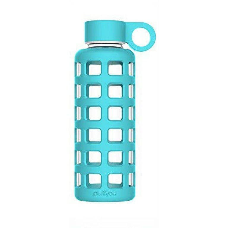 Purifyou Premium Glass Water Bottle with Silicone Sleeve & Stainless Steel Lid Insert, 12 oz, Aqua Blue