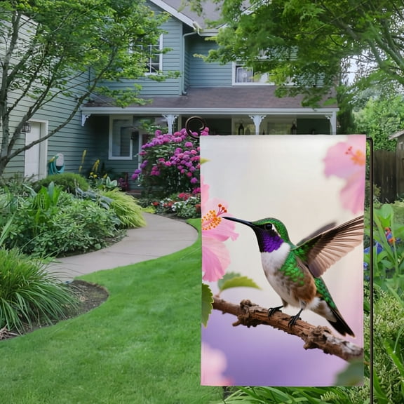 Spring Summer Garden Flag Double Sided Hummingbird Purple Flowers Spring Theme Welcome Yard House Outside Outdoor Decoration,12*18 inch