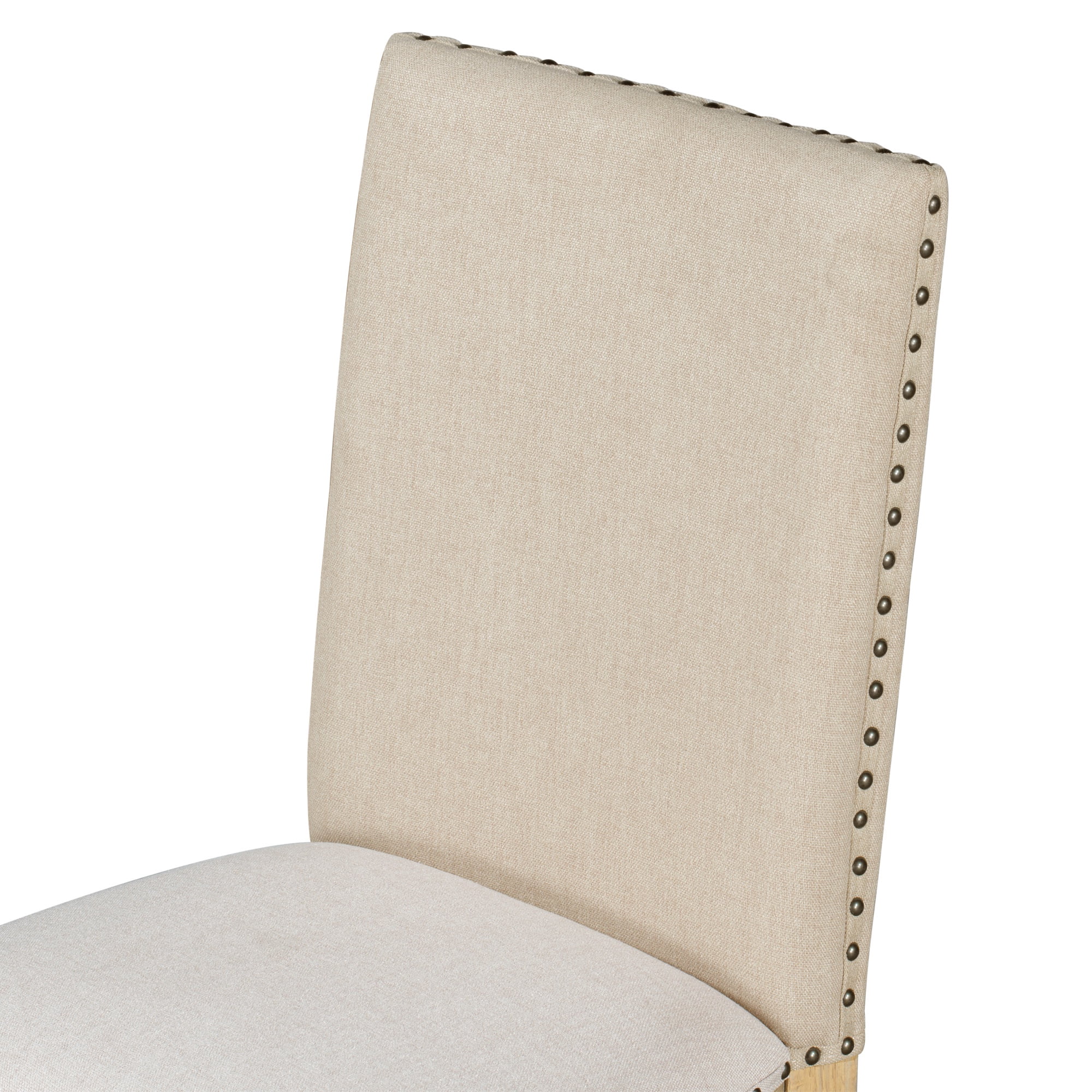 PORKISS Set of 2 Dining Chairs, High Back Upholstered Kitchen Chairs with Solid Wood Frame, Curved Legs and Bronze Nailhead Trim, Natural Finish with White Fabric