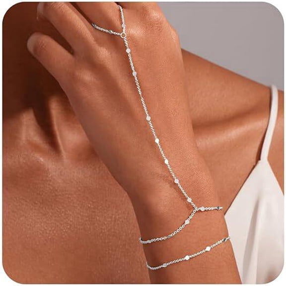 Silver Adjustable Boho Chain Link Ring to Bracelet Hand Jewelry for Women Festival Pirate Halloween Christmas Gift