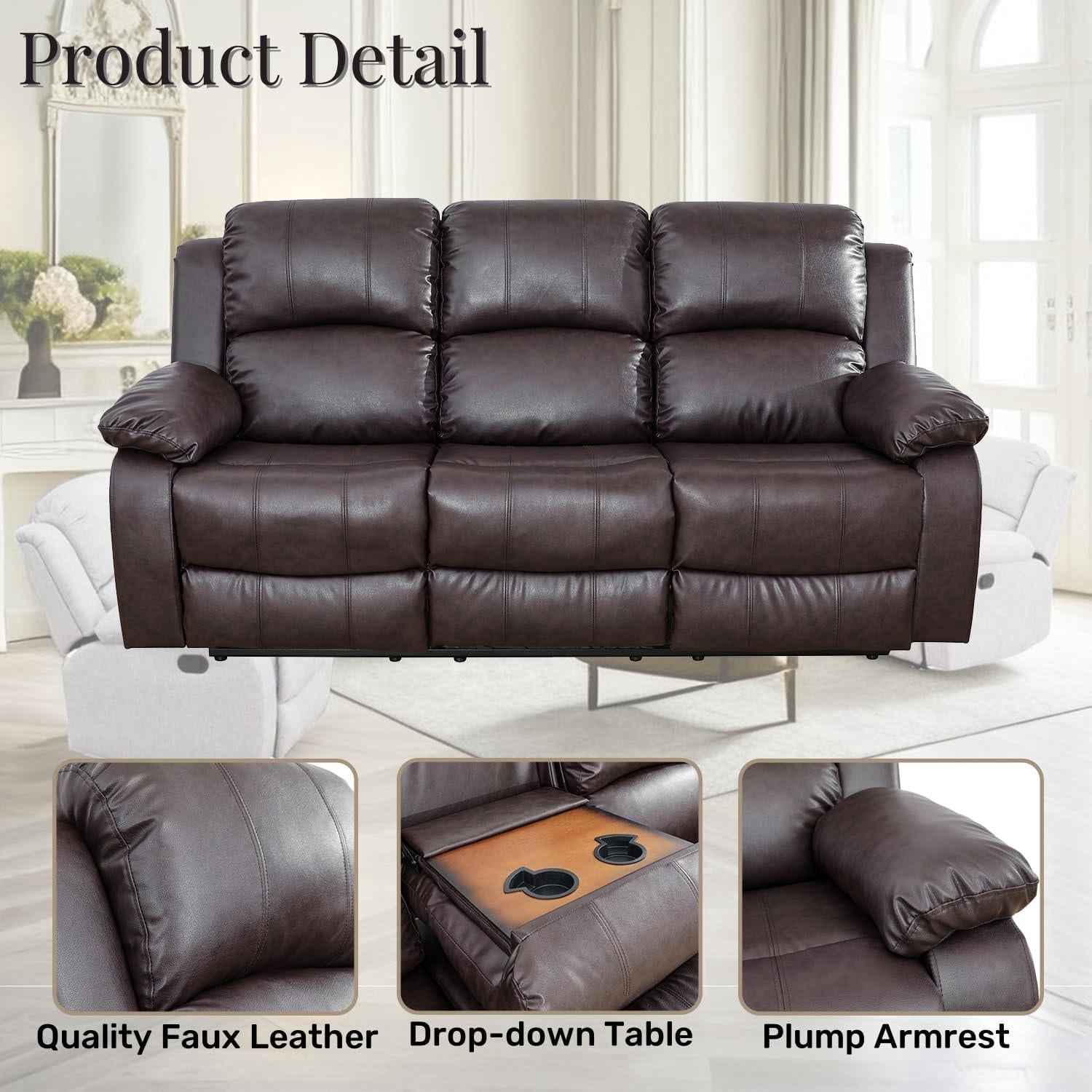 Gewnee Breathing leather Upholstered Manual Reclining Sofa with 3 Recliners and Cup Holders,Dark Coffee