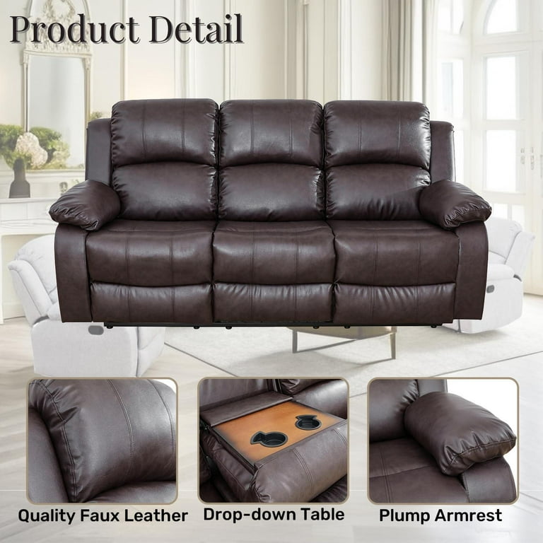 Free Shipping Gewnee Faux Leather Upholstered Manual Reclining Sofa with 3 Recliners and Cup Holders Dark Coffee Walmart