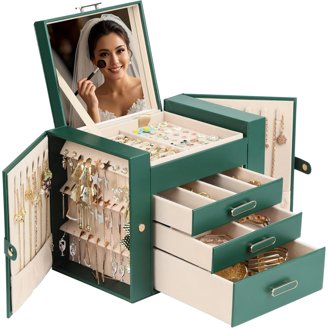 3 Layer Jewelry Organizer Box With Glass Lids - White PU Leather Storage With Drawers