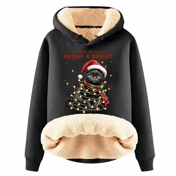 Women's Christmas Hoodies Thick Cat Print Long Sleeve Hooded Sweatshirts Xmas Holiday Cute Long Sleeve Loose Pullover Tops Winter Y2k Clothes