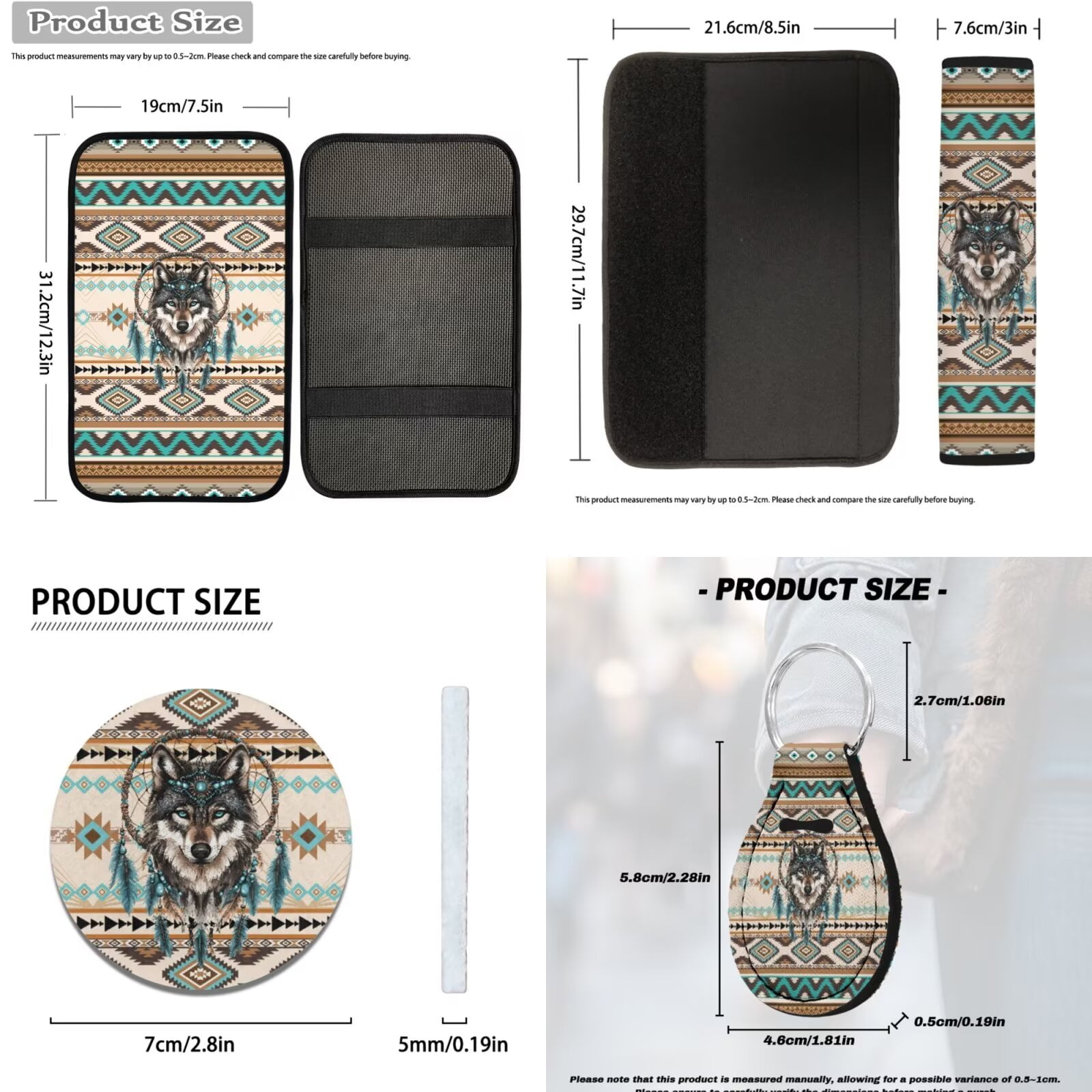 HUIACONG Aztec Car Seat Covers Full Set Dreamcatcher Wolf Car Accessories 14 Pcs - Front and Back Seat Covers with Seatbelt Covers Armrest Cover Steering Wheel Cover Headrest Cover Coaster Keychain