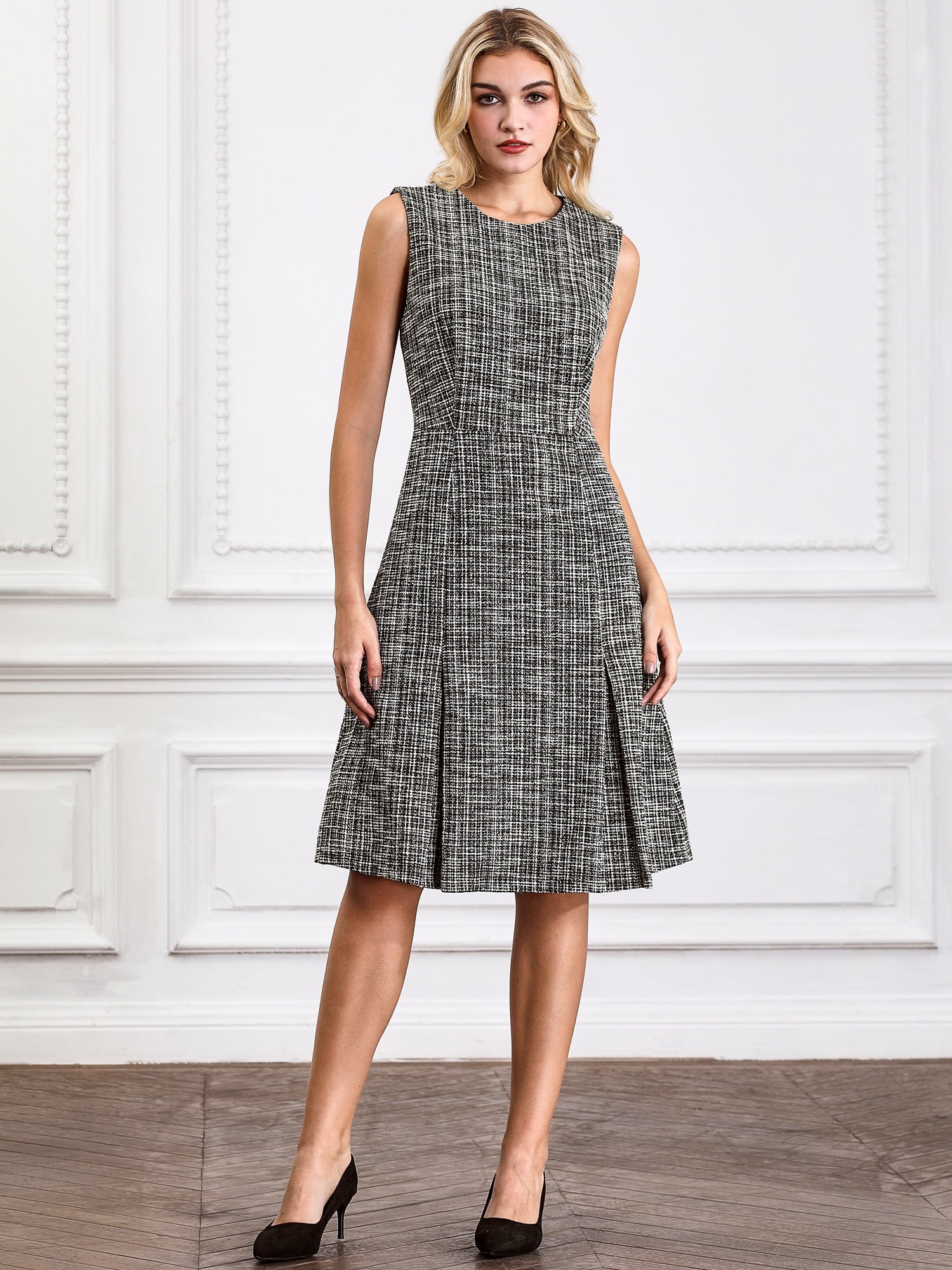 DARING DIVA A-Line Midi Round Neck Dress L Black Beige