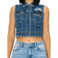 thumbnail image 2 of FashionMille Women Boxy Fit Washed Button Up Sleeveless Distressed Cropped Jean Denim Vest Jacket, 2 of 2