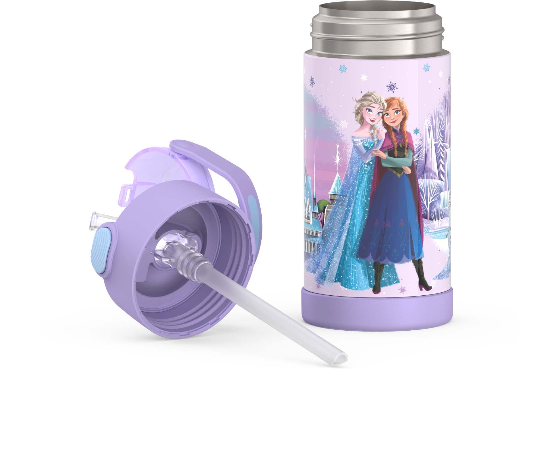 Bouteille isotherme Thermos Kids Funtainer en acier inoxydable de 355 ml avec paille rabattable, La Reine des Neiges