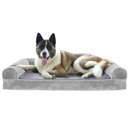 FurHaven Pet Dog Bed | Cooling Gel Memory Foam Orthopedic Faux Fur & Velvet Sofa-Style Couch Pet Bed for Dogs & Cats, Smoke Gray,