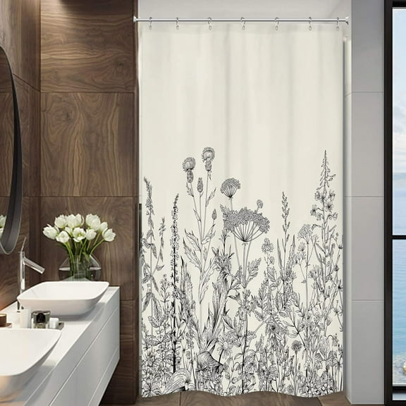 Small Stall Wildflower Farmhouse Half Shower Curtain 36Wx72H Inch Botanical Flower Floral Herbs Plant Vintage Bathroom Windows Balconies Fabric Polyester Waterproof 7 Pack Plastic Hooks
