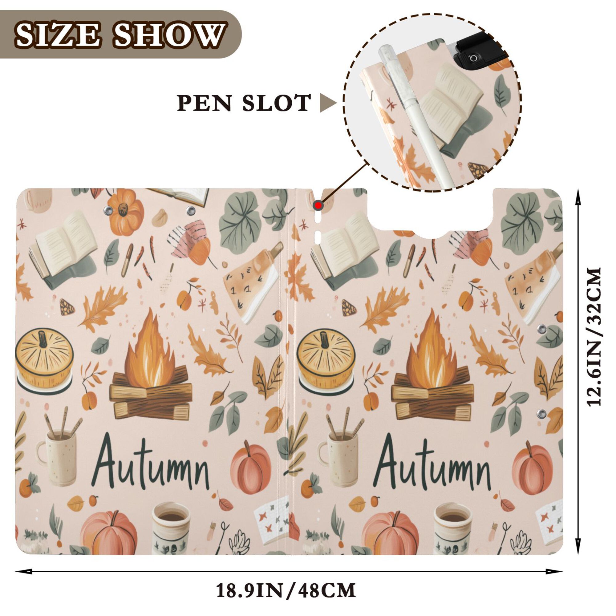 FORMRS A4 Clipboard Folder with Pen Holder Horizontal Foldable School Office Binder, Campfire Pattern