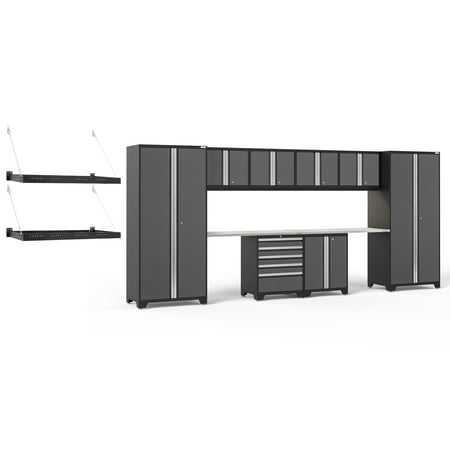 

NewAge Products Pro Series Gray 12 Piece Cabinet Set Heavy Duty 18-Gauge Steel Garage Storage System LED Lights / Wall Mounted Shelf Included