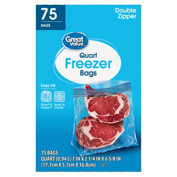Great Value Freezer Guard Double Zipper Freezer Bags, Quart, 75 Count