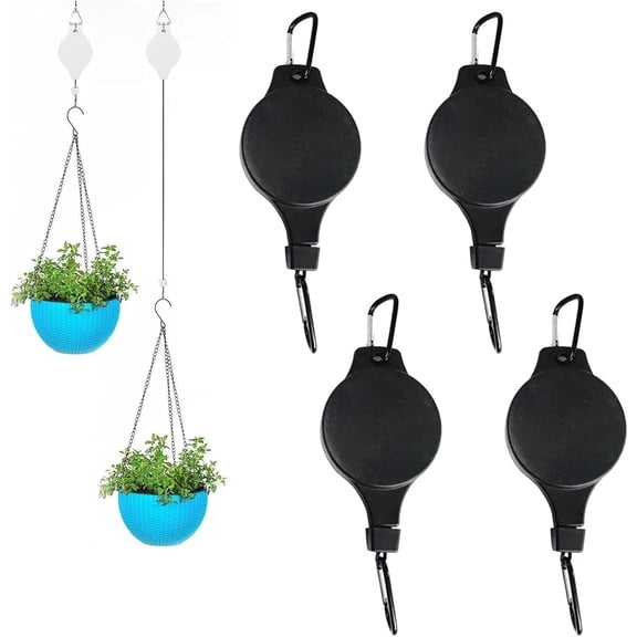 4PCS Retractable Plant Pulley Hanging Basket Hooks with Ceiling Hooks, Adjustable Rope Clip Hanger for Garden Hanging Basket Pots Indoor & Outdoor Use