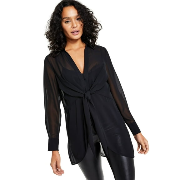 Bar III Long-Sleeve Tie-Front Black Blouses & Tops Women's Large