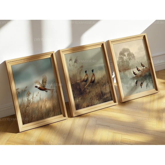 Rustic Pheasant Art Bundle Countryside Bird Wall Prints Wildlife Farmhouse Decor Set 3 Unframed Paper Print 8x12