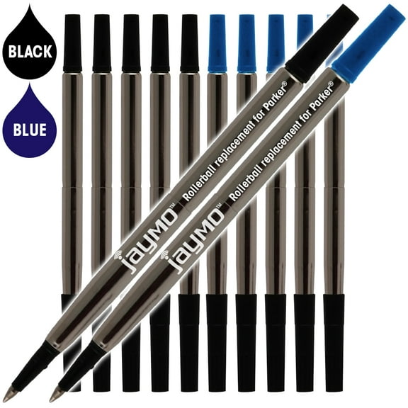 Jaymo Replacement for Parker Quink 1950323/1950324 - Measures 4.56 in / 116 mm Long - Rollerball Pen Refill - 6 Black   6 Blue