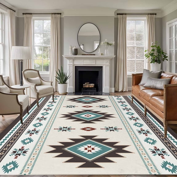 8x10 Area Rugs for Living Room, Grey Teal Boho Non Slip Area Rugs for Kitchen Bedroom Entryway, Southwestern Geometric Vintage Abstract Art Washable Carpet Runner Rug Floor Mats for Bedroom