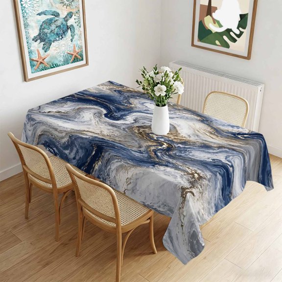 Waterproof Tablecloth Abstract Marble Texture Pattern Rectangle Table Cloth 60x102in,Wipeable Washable Table Cover Blue Gold White Gradient Tablecloths for Dining Tables Kitchen Picnic Outdoor Party