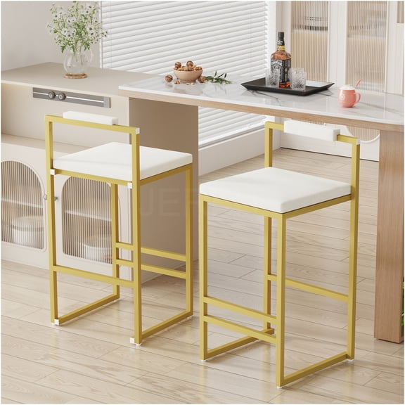 JERFIT Modern Velvet Bar Stools Set of 2 with Gold Metal Legs, Creamy White Upholstered Counter Stools for Kitchen Island, Dining Room & Home Decor