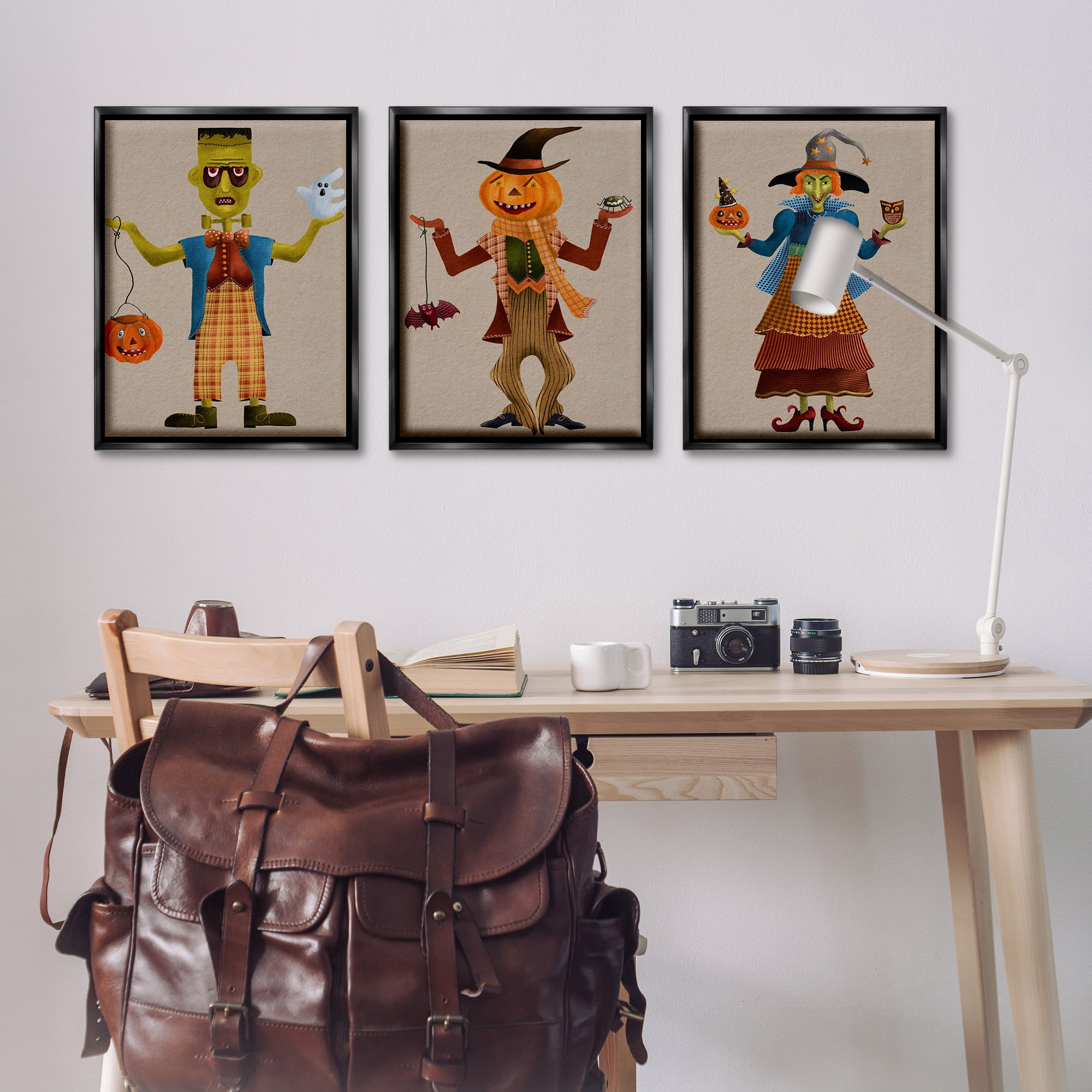 Stupell Industries Fun Halloween Friends Holiday Painting Black Floater Framed Canvas Art Print Wall Art, 21 x 31, Set of 3