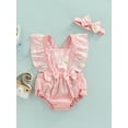 thumbnail image 2 of Newborn Girl Romper Outfits, Fly Sleeve Flower Pattern Elastic Waist Bodysuit + Cute Bow-Knot Headband Set, 2 of 9
