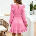 thumbnail image 7 of Girls Ruffle Dress Long Sleeve Crewneck Waist Belt Dress Kids Solid Color Casual Comfortable Outfits for Daily Wear Pink 9-10 Years, 7 of 7