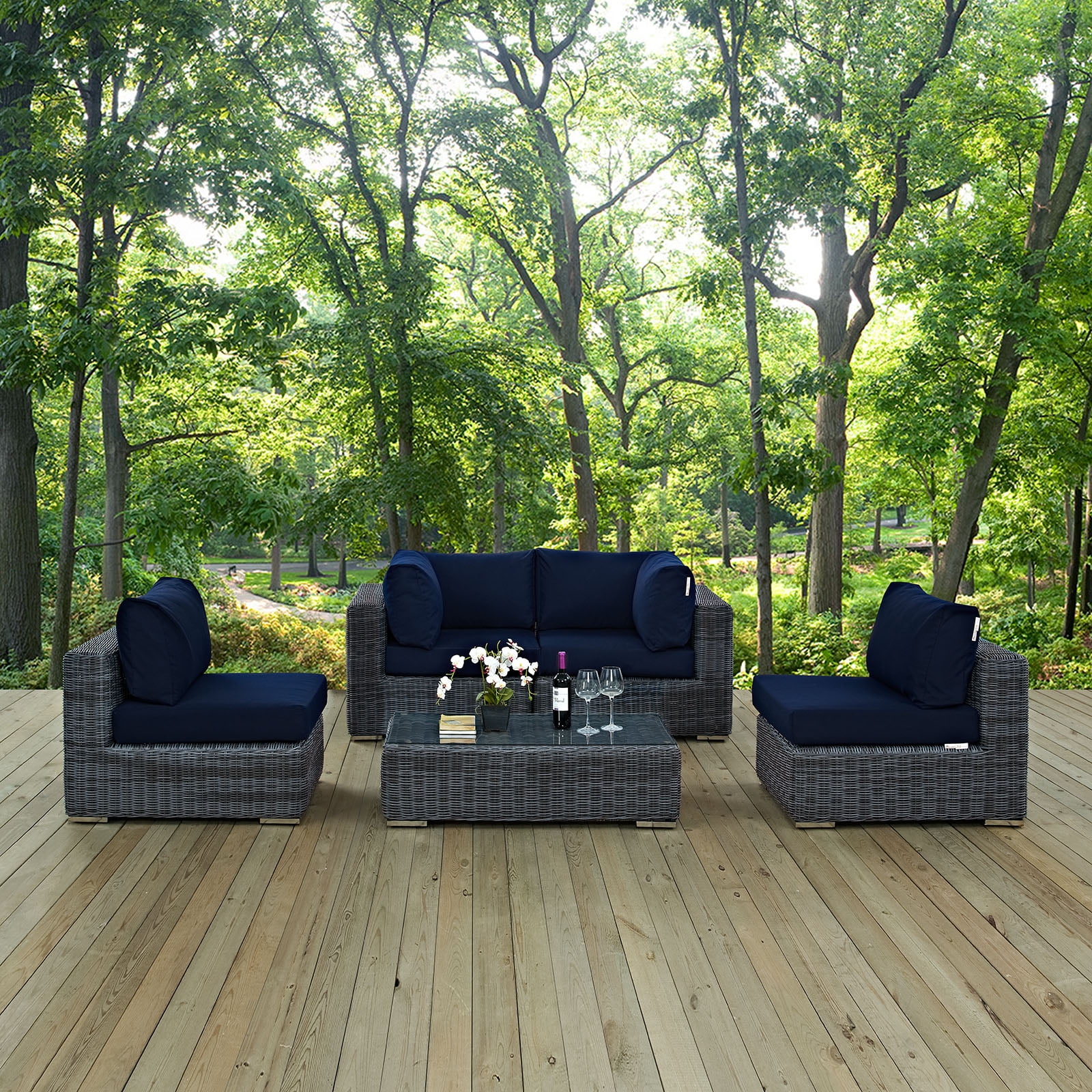 Modway Summon 5-Piece Aluminum Rattan Patio Sectional Set - Canvas/Navy