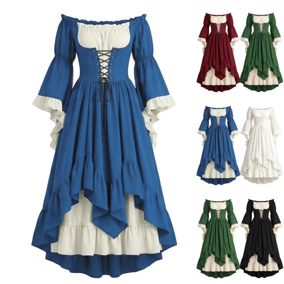 Renaissance Dress Women Off the Shoulder Bell Sleeve Two Tone High Low Ruffle Maxi Dresses Halloween Peasant Medieval Gothic Outfit Blue L