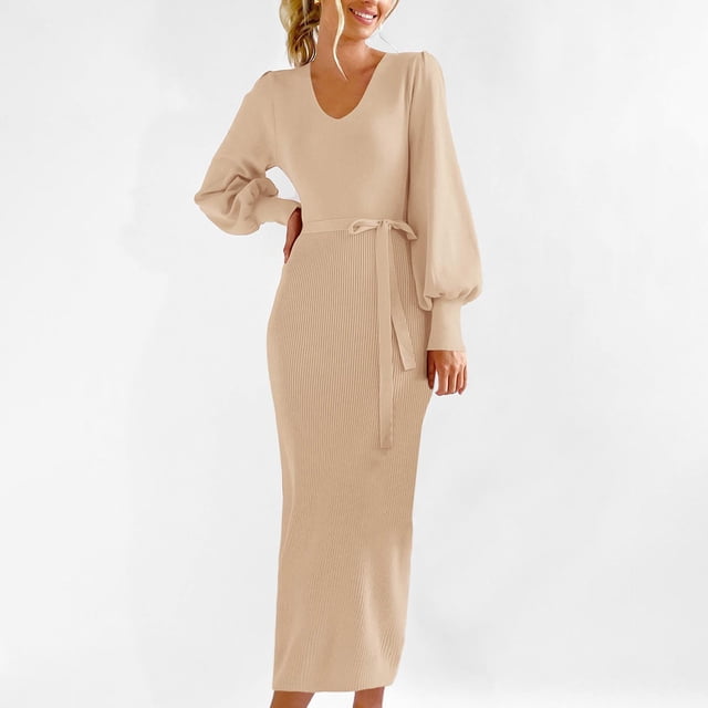 Styesk Robes pour Femmes Robe Chandail à Col en V pour Femmes Manches Longues Bouffantes Ajustée Moulante Automne Hiver en Tricot Côtelé Robes