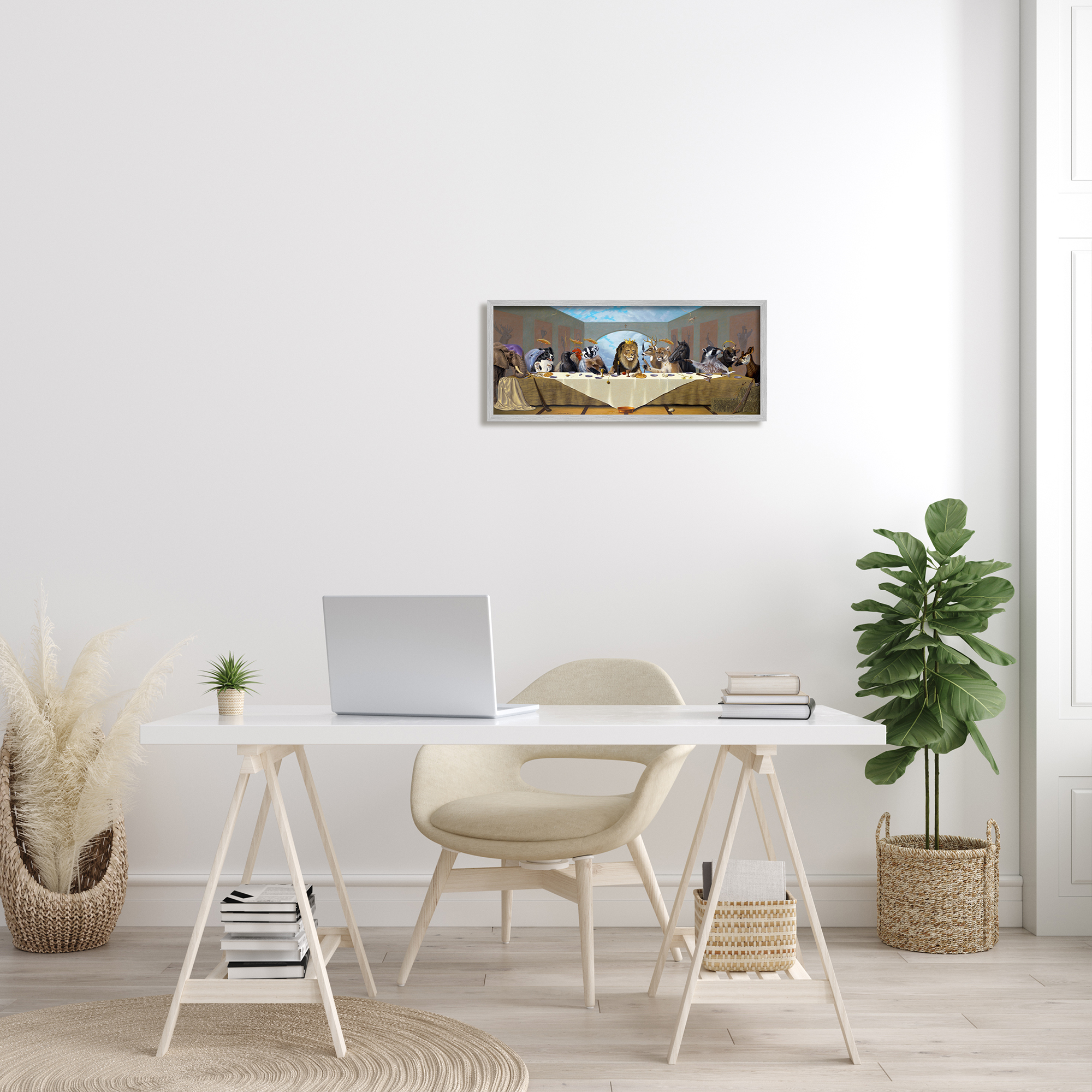 Stupell Industries Last Supper Safari Animal Version King Lion Animals & Insects Painting Gray Framed Art Print Wall Art, 10 x 24