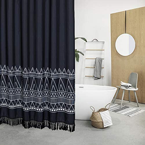 Black Boho Tassel Fabric Shower Curtain, 96 Long Fabric Shower Curtain