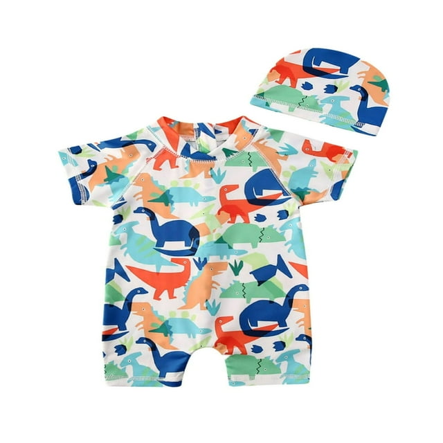 Maillot de Bain Petit Garçon Imprimé Dinosaure Manches Courtes une Pièce avec Chapeau