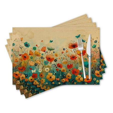 

BaHomeck placemats Set of 4 rectangle Linen Cotton Placemats for Dining Table Washable Heat Resistant 18*12inch Hand-Painted Field Of Wildflowers