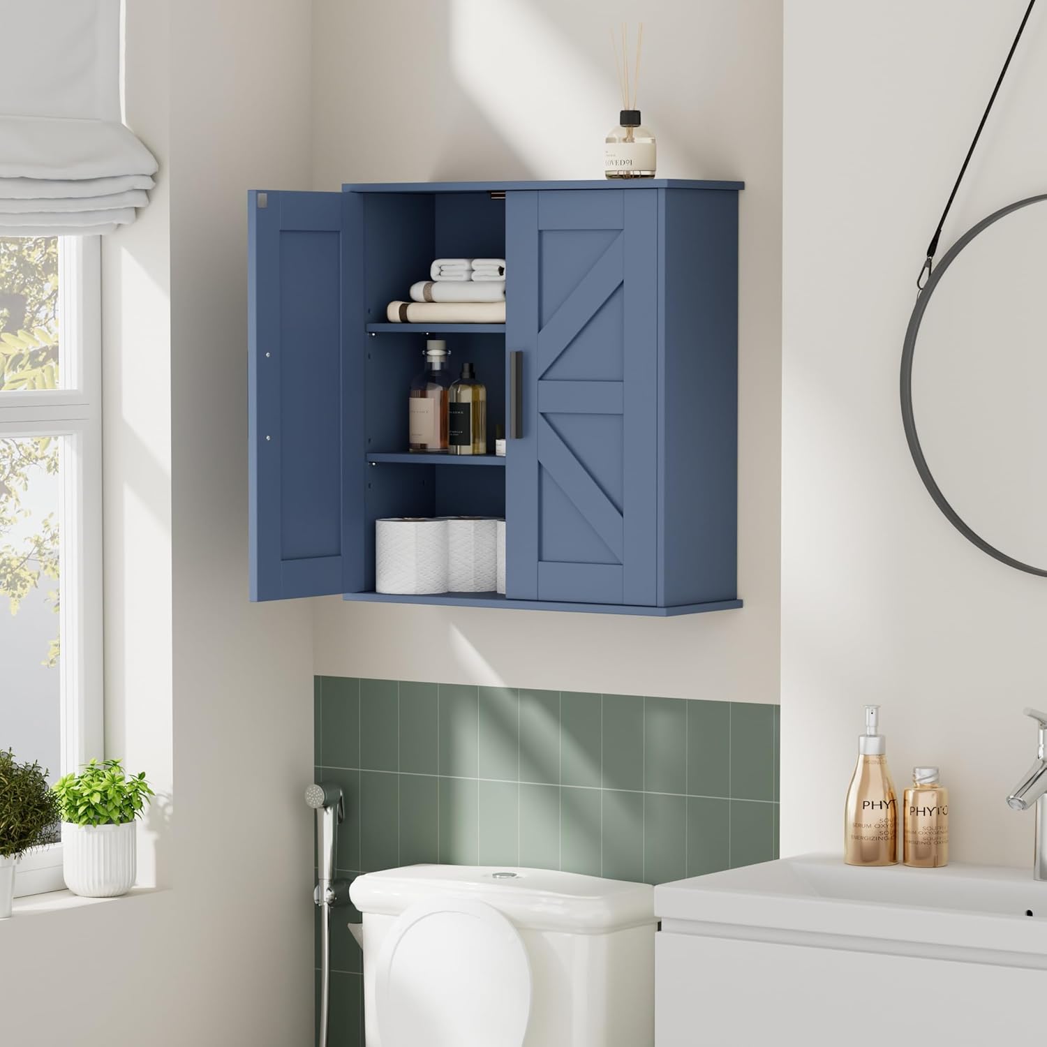 Bathroom Wall Cabinet, Over Toilet Storage Cabinet with Barn Doors and Adjustable Shelves, 3-Tier Medicine Cabinet Wall Mounted, for Bathroom, Kitchen, Entryway, Laundry Room, Blue, (7.9" D)