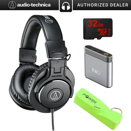 Memory Card Headphones Audio-Technica ATH-M30x Professional Headphones Bundle Includes, BlackHat Tech 2600mAh Port Keychain Power Bank-Green,FiiO A1 Portable Headphone Amplifier & 32gb Micro Memory Card ()
